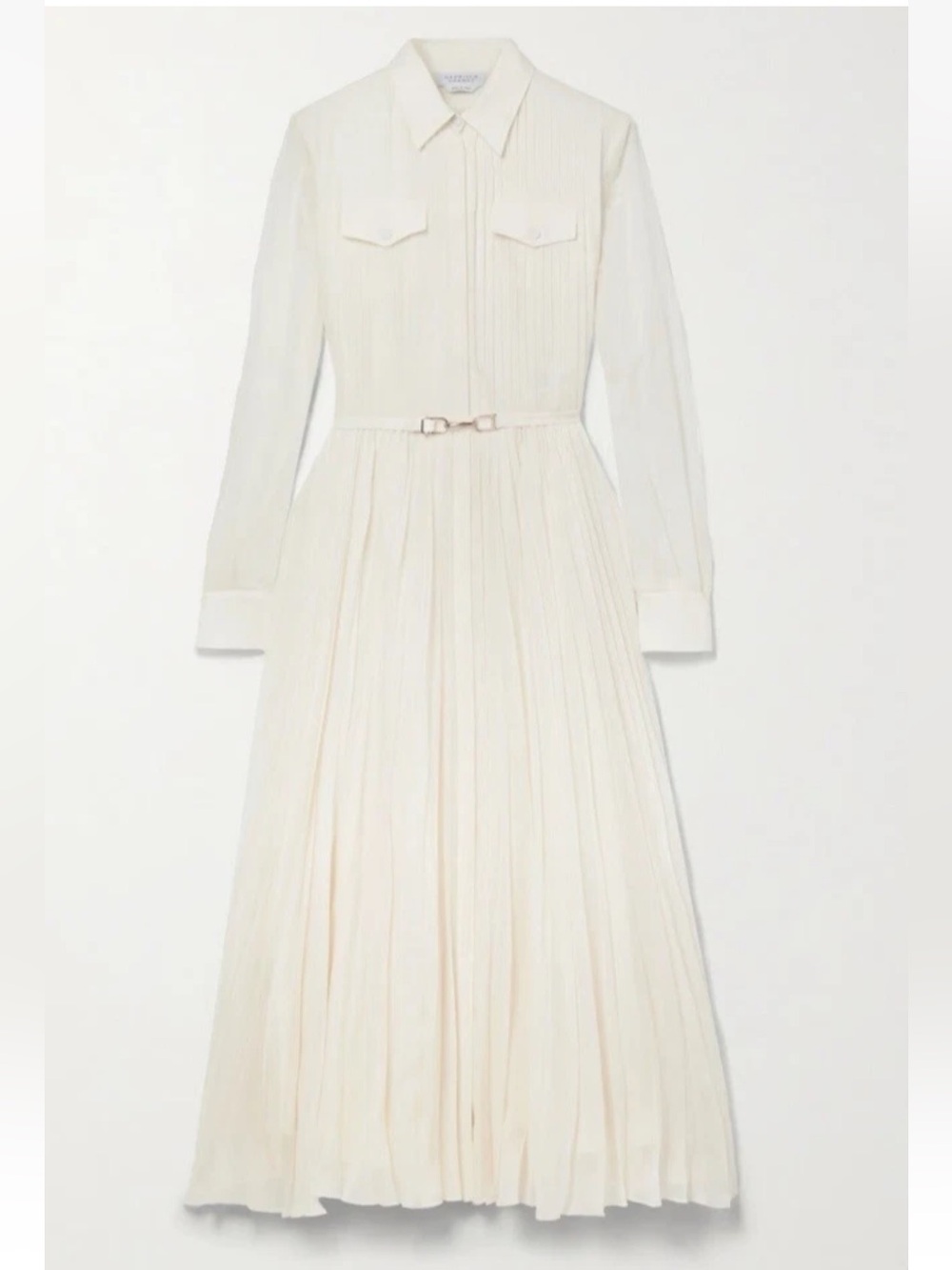 Gabriela Hearst Erella Belted Pleated Silk Blend Shirt Dress in Off-White FLAW